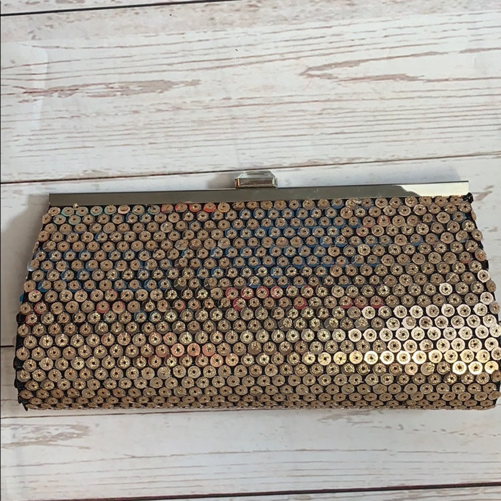 Rose gold sequin clutch